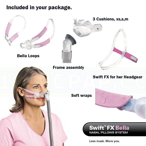 ResMed CPAP Nasal Pillows Mask : # 61560 Swift FX Bella and Swift FX for Her with Headgear , Extra Small, Small, Medium Pillows-/catalog/nasal_pillows/resmed/61560-06